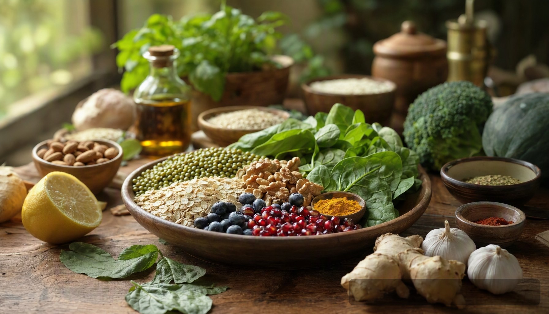 Colourful vegetables and whole grains on a table, illustrating dietary diversity linked to lower rheumatoid arthritis risk