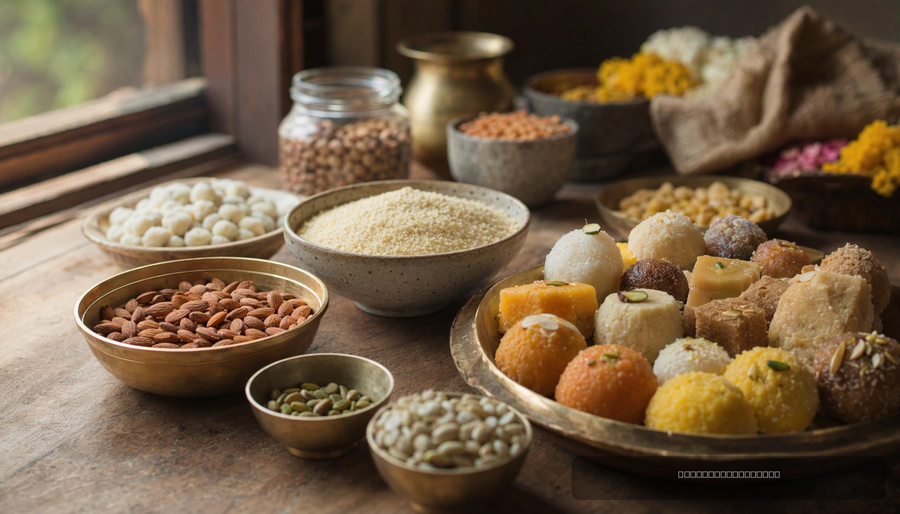 Sweet shop display counter with Indian mithai ahead of Deepavali festival